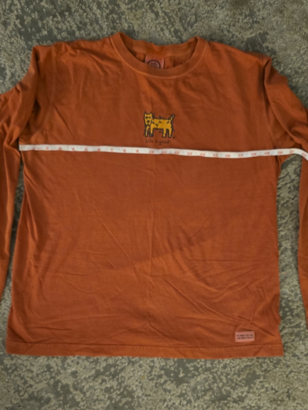 Life Is Good Long-Sleeve Tee in Rust Orange with Christmas Dog Motif